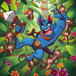 In a whimsical jungle setting, a strong blue devil character is depicted mid-fall, holding a large and humorous weapon in his hand