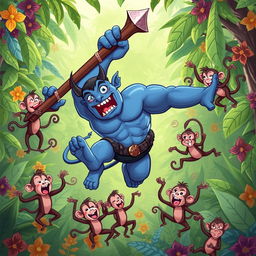 In a whimsical jungle setting, a strong blue devil character is depicted mid-fall, holding a large and humorous weapon in his hand