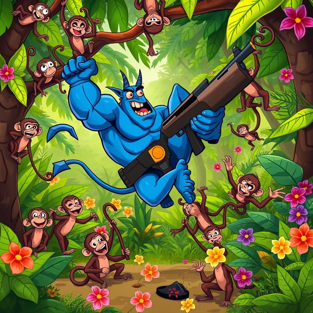 In a lively jungle scene, a strong blue devil character is depicted falling to the ground, holding a large rifle in one hand