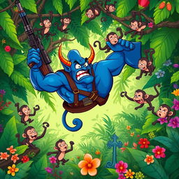 In a lively jungle scene, a strong blue devil character is depicted falling to the ground, holding a large rifle in one hand