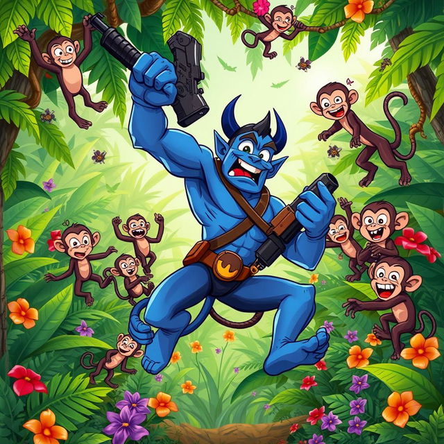 In a lively jungle scene, a strong blue devil character is depicted falling to the ground, holding a large rifle in one hand