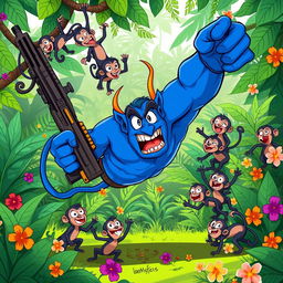 In a lively jungle scene, a strong blue devil character is depicted falling to the ground, holding a large rifle in one hand