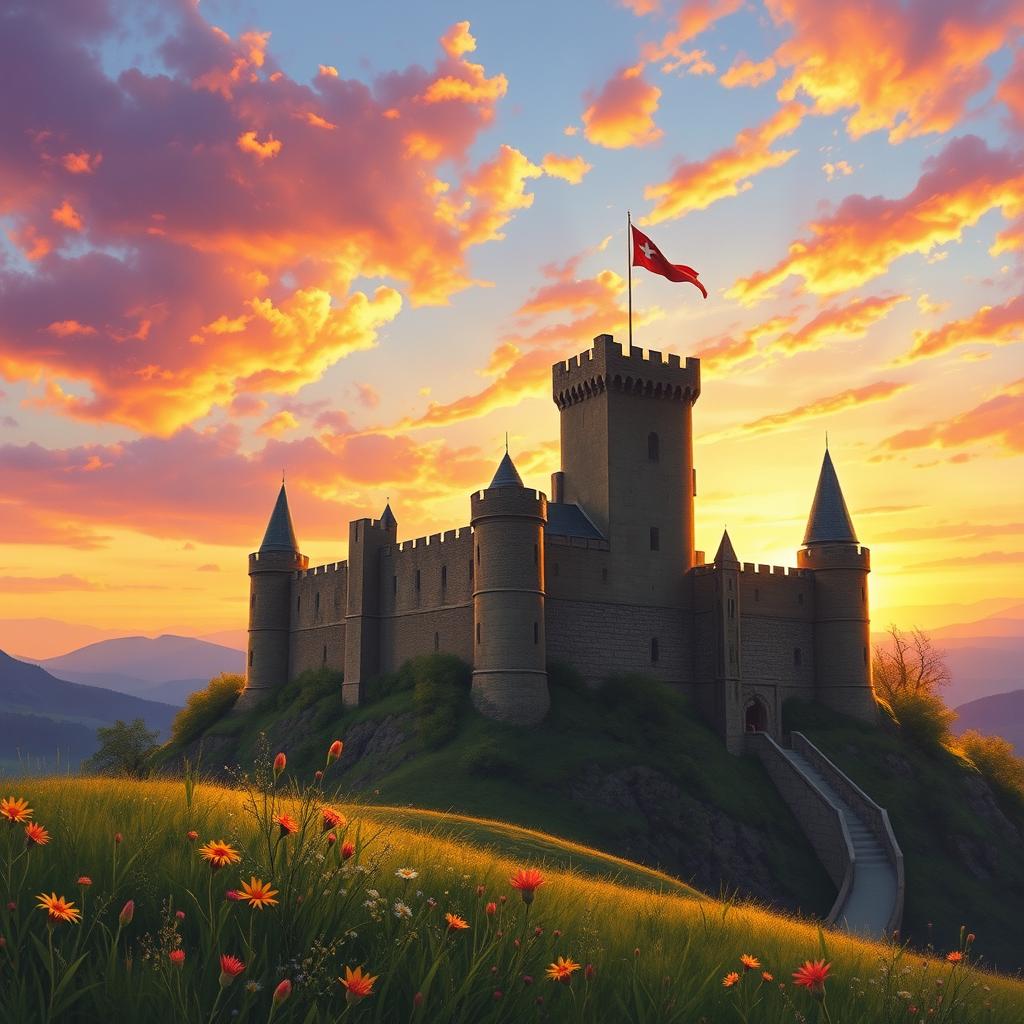 A beautiful medieval castle perched on a hill, bathed in the warm, golden light of sunset