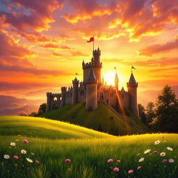 A beautiful medieval castle perched on a hill, bathed in the warm, golden light of sunset