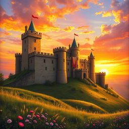 A beautiful medieval castle perched on a hill, bathed in the warm, golden light of sunset