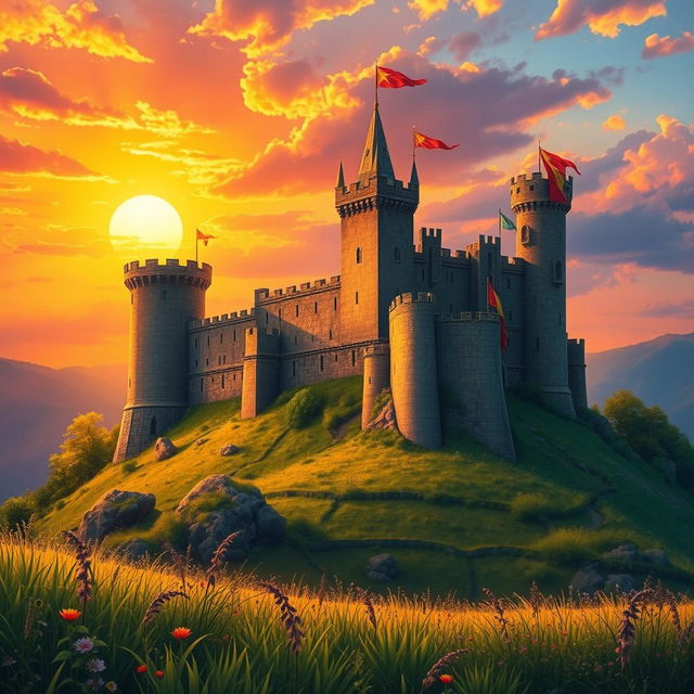 A beautiful medieval castle perched on a hill, bathed in the warm, golden light of sunset