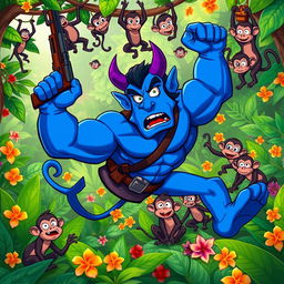 In a lively jungle scene, a strong blue devil character is depicted falling to the ground, clutching a rifle in one hand