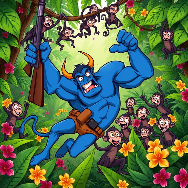 In a lively jungle scene, a strong blue devil character is depicted falling to the ground, clutching a rifle in one hand