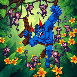 In a lively jungle scene, a strong blue devil character is depicted falling to the ground, clutching a rifle in one hand