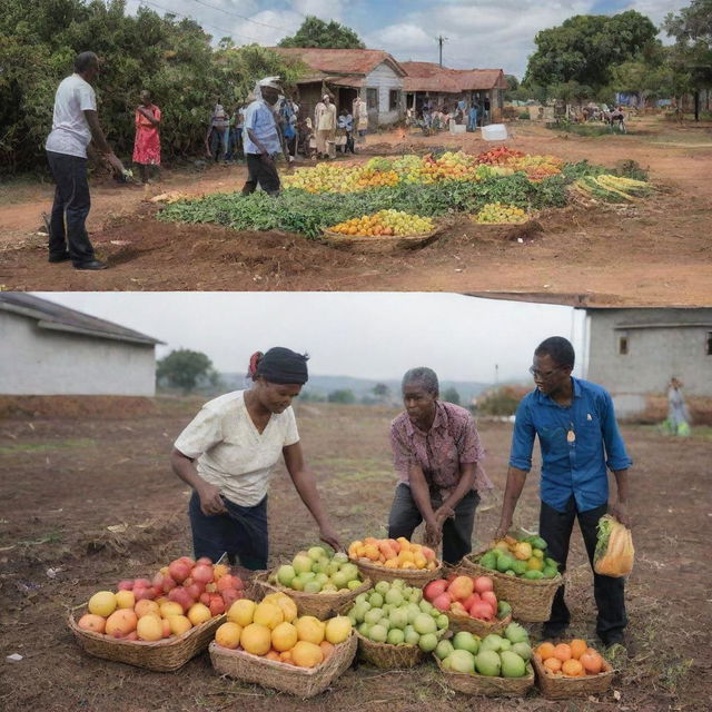 Generate two contrasting images: 1) A community being affected by harsh conditions, with citizens uniting to aid the poor; 2) The same community, positively transformed by the actions advocating social justice, portraying the fruits of collective work and action.