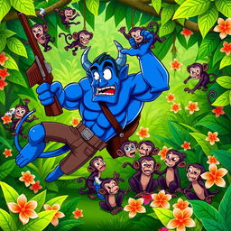 In a lively jungle scene, a strong blue devil character is depicted falling to the ground, clutching a rifle in one hand