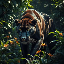 A gigantic black panther with lush, thick fur glistening in the sunlight, displaying its majestic body and powerful muscles