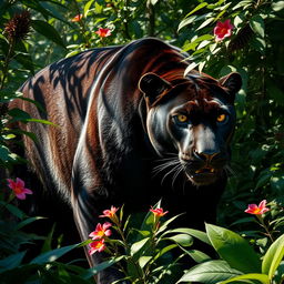 A gigantic black panther with lush, thick fur glistening in the sunlight, displaying its majestic body and powerful muscles