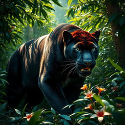 A gigantic black panther with lush, thick fur glistening in the sunlight, displaying its majestic body and powerful muscles