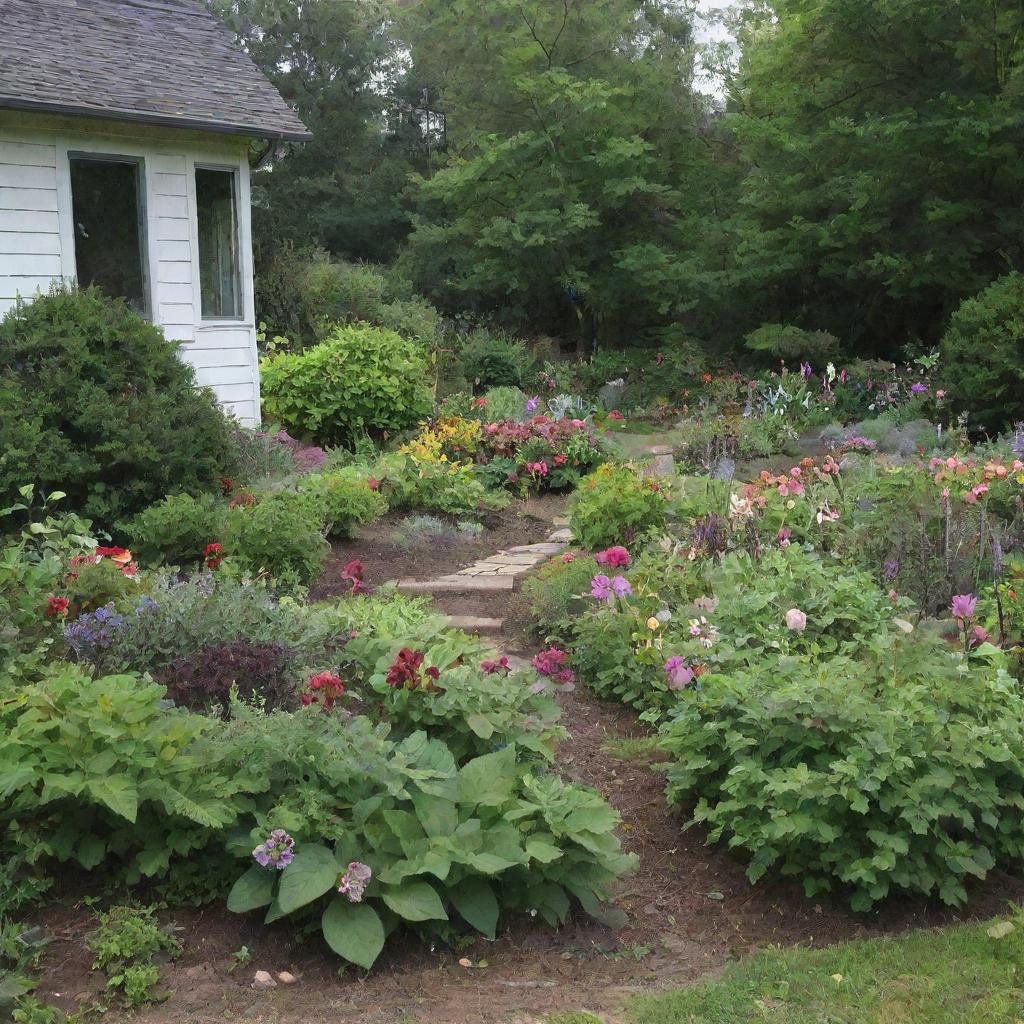 Depict a quaint garden nestled within a small town, highlighting a particularly beautiful and unique plant at its heart.