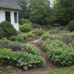 Depict a quaint garden nestled within a small town, highlighting a particularly beautiful and unique plant at its heart.