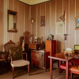 A well-preserved heritage room filled with antique furniture, vintage wallpapers, and various historical artifacts that exude old-world charm.