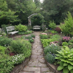 Depict a quaint garden nestled within a small town, highlighting a particularly beautiful and unique plant at its heart.