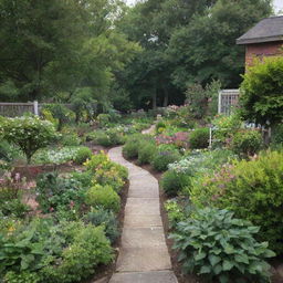 Depict a quaint garden nestled within a small town, highlighting a particularly beautiful and unique plant at its heart.