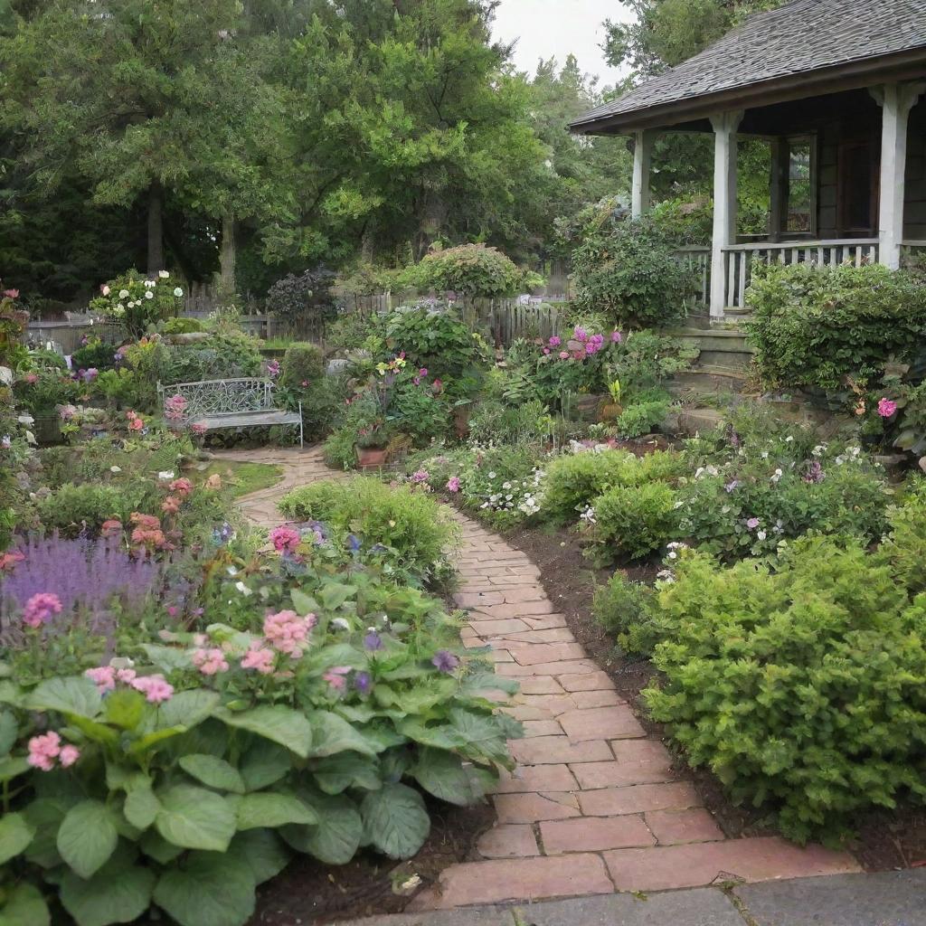 Depict a quaint garden nestled within a small town, highlighting a particularly beautiful and unique plant at its heart.