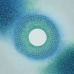 Generate a minimalist design with a vibrant depiction of cellular division at the center. The rest of the graphic is composed of abstract, cellular patterns in varying shades of blue and green.