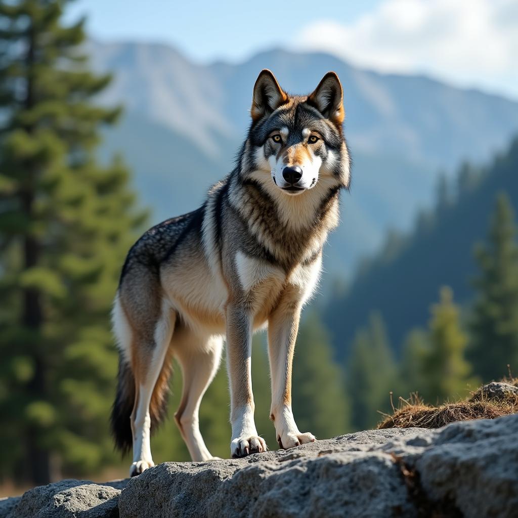 A stunning and raw photograph of a majestic wolf standing proudly on a rocky outcrop in a natural setting