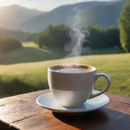 Generate a realistic image of an early morning scene: a hot cup of coffee on a wooden table, morning sunlight illuminating the steam rising from the cup with a serene landscape in the background.