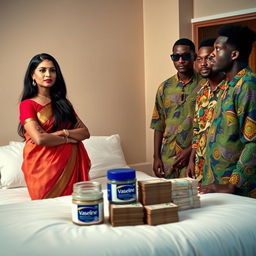 An Indian woman with long, dark hair and traditional attire, standing confidently facing a group of distinctively styled African men in vibrant clothing