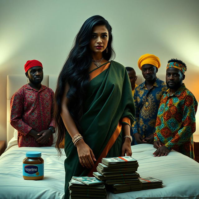 An Indian woman with long, dark hair and traditional attire, standing confidently facing a group of distinctively styled African men in vibrant clothing