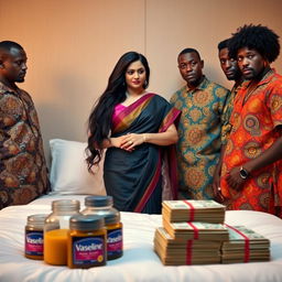 An Indian woman with long, dark hair and traditional attire, standing confidently facing a group of distinctively styled African men in vibrant clothing