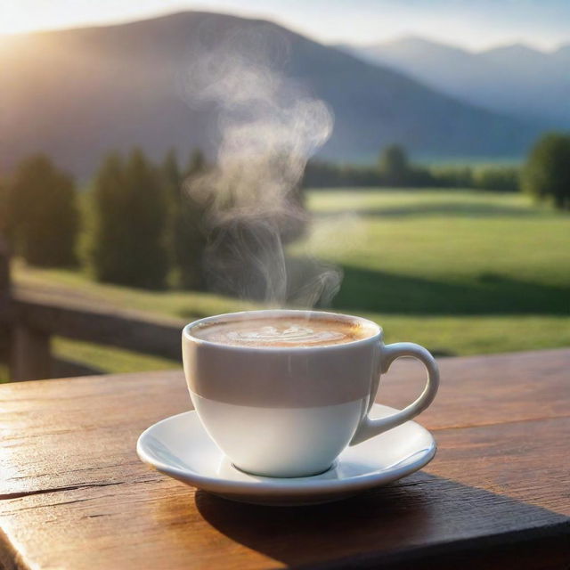 Generate a realistic image of an early morning scene: a hot cup of coffee on a wooden table, morning sunlight illuminating the steam rising from the cup with a serene landscape in the background.