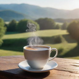 Generate a realistic image of an early morning scene: a hot cup of coffee on a wooden table, morning sunlight illuminating the steam rising from the cup with a serene landscape in the background.