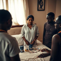 A dusky Indian woman with a tired expression, dressed in casual yet elegant attire, standing facing a group of African men who are engaging with her in a bedroom setting