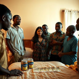 A dusky Indian woman with a tired expression, dressed in casual yet elegant attire, standing facing a group of African men who are engaging with her in a bedroom setting