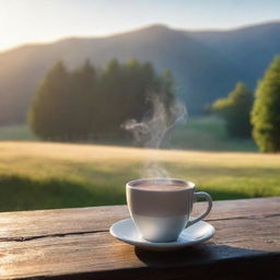 Generate a realistic image of an early morning scene: a hot cup of coffee on a wooden table, morning sunlight illuminating the steam rising from the cup with a serene landscape in the background.