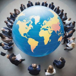 A bustling global conference with diverse group of people from around the world, integrating different types of technological devices for communication, and a large globe in the background depicting the theme of globalization.