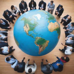 A bustling global conference with diverse group of people from around the world, integrating different types of technological devices for communication, and a large globe in the background depicting the theme of globalization.