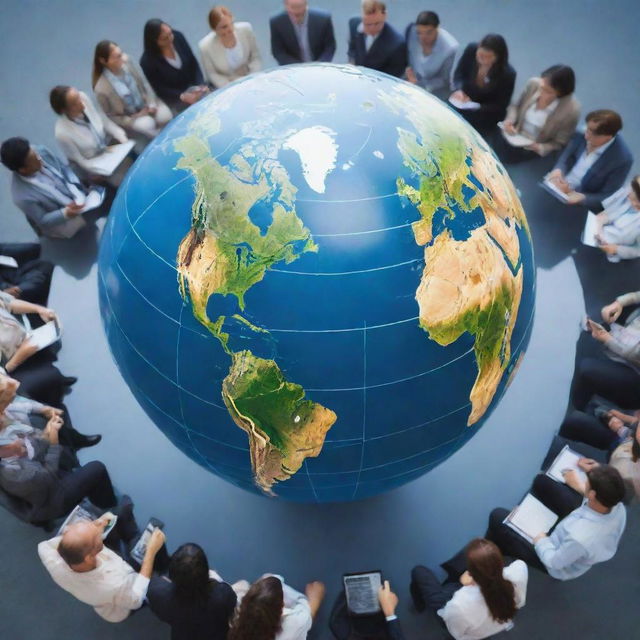 A bustling global conference with diverse group of people from around the world, integrating different types of technological devices for communication, and a large globe in the background depicting the theme of globalization.