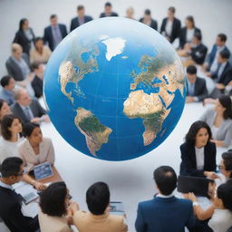 A bustling global conference with diverse group of people from around the world, integrating different types of technological devices for communication, and a large globe in the background depicting the theme of globalization.