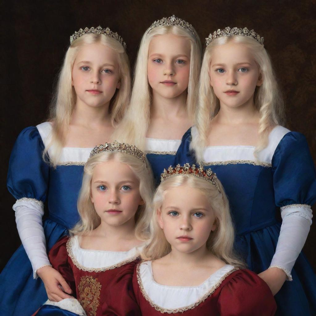 A historic Renaissance portrait featuring three young girls with white, dark blue, and blonde hair respectively, each with ruddy eyes, and their four older brothers - twins with white hair, two with black hair, and one blonde, all with matching red eyes. All wear regal Renaissance attire, embodying the roles of princes and princesses.