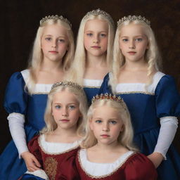 A historic Renaissance portrait featuring three young girls with white, dark blue, and blonde hair respectively, each with ruddy eyes, and their four older brothers - twins with white hair, two with black hair, and one blonde, all with matching red eyes. All wear regal Renaissance attire, embodying the roles of princes and princesses.