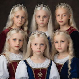 A historic Renaissance portrait featuring three young girls with white, dark blue, and blonde hair respectively, each with ruddy eyes, and their four older brothers - twins with white hair, two with black hair, and one blonde, all with matching red eyes. All wear regal Renaissance attire, embodying the roles of princes and princesses.