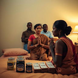 A dusky Indian woman in a traditional saree, looking tired yet serene, kneeling in prayer with her hands clasped together