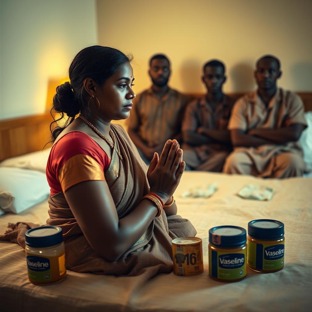 A dusky Indian woman in a traditional saree, looking tired yet serene, kneeling in prayer with her hands clasped together