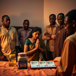 A dusky Indian woman in a traditional saree, looking tired yet serene, kneeling in prayer with her hands clasped together