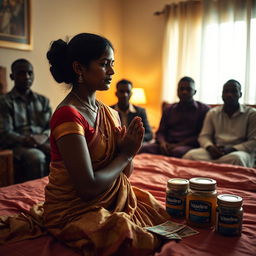 A dusky Indian woman in a traditional saree, looking tired yet serene, kneeling in prayer with her hands clasped together