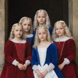 A historic Renaissance portrait featuring three young girls with white, dark blue, and blonde hair respectively, each with ruddy eyes, and their four older brothers - twins with white hair, two with black hair, and one blonde, all with matching red eyes. All wear regal Renaissance attire, embodying the roles of princes and princesses.