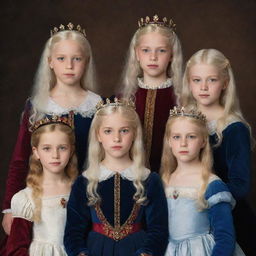 A historic Renaissance portrait featuring three young girls with white, dark blue, and blonde hair respectively, each with ruddy eyes, and their four older brothers - twins with white hair, two with black hair, and one blonde, all with matching red eyes. All wear regal Renaissance attire, embodying the roles of princes and princesses.