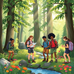 An enchanting and vibrant illustration of a diverse group of people exploring a lush forest, with sunlight filtering through the trees, creating dappled light on the forest floor