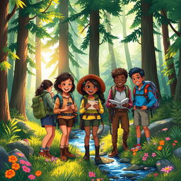 An enchanting and vibrant illustration of a diverse group of people exploring a lush forest, with sunlight filtering through the trees, creating dappled light on the forest floor